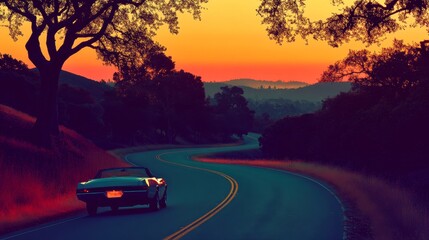 Fototapeta premium A scenic sunset view featuring a winding road and a convertible car, evoking a sense of adventure and tranquility.