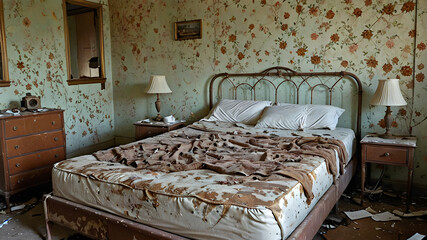Timeworn Solitude: A Dilapidated Hotel Room with a Rusted Bed Frame, Sagging Mattress, and Peeling Floral Wallpaper, Overlooked by a Dusty Nightstand and Forgotten Rotary Phone