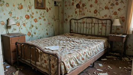 Timeworn Solitude: A Dilapidated Hotel Room with a Rusted Bed Frame, Sagging Mattress, and Peeling Floral Wallpaper, Overlooked by a Dusty Nightstand and Forgotten Rotary Phone