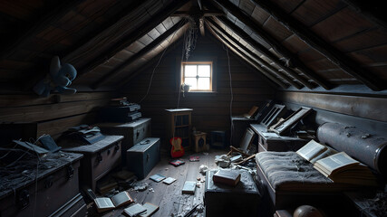 Forgotten Memories: An Old Wooden Attic Filled with Dust-Covered Furniture, Cobwebbed Trunks, Broken Toys, and Scattered Books in Faded Light