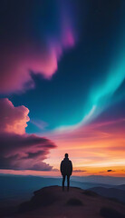 solitary figure stands backdrop vibrant colors swirling clouds breathtaking cosmic event unfolds twilight