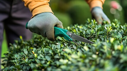 A skilled male gardener uses trimming shears to meticulously prune decorative bushes, enhancing the aesthetics of a private yard's landscaping. 