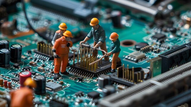 Miniature workers repairing circuit board technology, electronics maintenance, microengineering