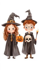 Halloween, Witches, Ghosts, Haunting, Cartoon, Drawing, Abstract Image, Texture, Pattern Background, Wallpaper, Cover and Screen for Smartphone, PC, Laptop, 9:16 and 16:9 Format