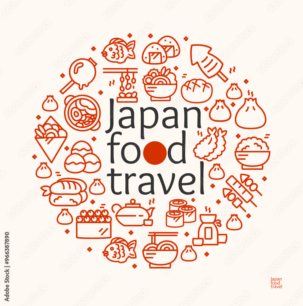 Wall mural Japan Food Travel Sign Round Design Template Thin Line Icon Banner. Vector illustration of Japanese Restaurant