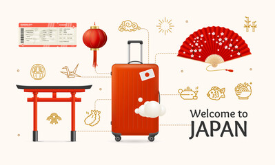 Realistic Detailed 3d Welcome Japan Travel and Tourism Concept with Ticket, Suitcase, Food, Torii Gate and Hand Fan . Vector illustration