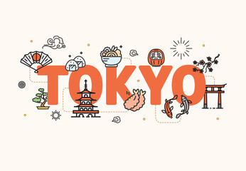 Tokyo Concept Japan Travel and Tourism Thin Line Icons Include of , Japanese Landmark, Culture Element and Food. Vector illustration