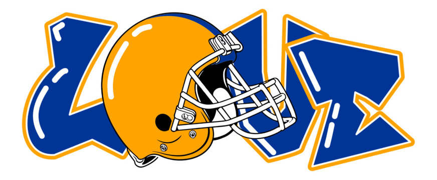 Love - blue and yellow football player helmet, sport vector graphics, hockey, for street art - graffiti lettering typography - art illustration - multicolor - writen Word -	