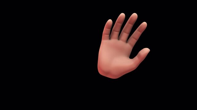 A hand appears on screen and waves and then goes out of screen on alpha channel background.