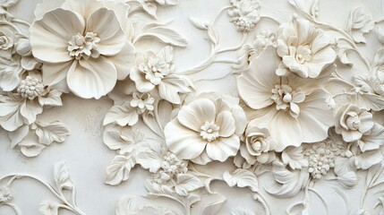 Delicate white floral relief with intricate details enhancing a wall design in a serene environment during daylight hours