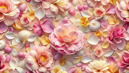 Colorful flower petals in soft pink and peach shades, romantic atmosphere, nature's beauty