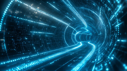 A futuristic, blue, 3D background with glowing lines and dots. It looks like a tunnel with a wavy, neon light. This image represents technology, data, and sound waves.