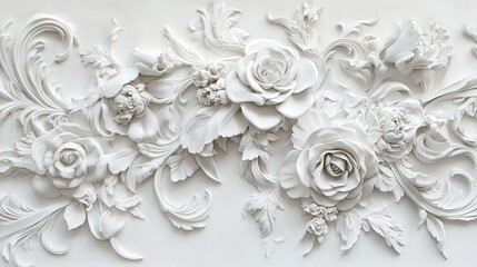Elegant white floral relief sculpture featuring intricate roses and foliage, ideal for interior decor in a modern setting
