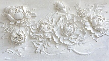 Intricate white floral relief depicting peonies and greenery in a decoratively textured wall design