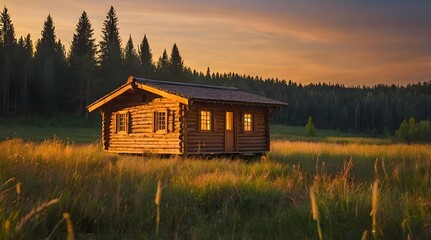 A wooden hut in the middle of the meadow, sunset atmosphere, golden time, a forest house