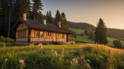 Obraz premium A wooden hut in the middle of the meadow, sunset atmosphere, golden time, a forest house