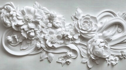 Elegant white floral relief art with intricate design, showcasing peonies and blossoms on textured background