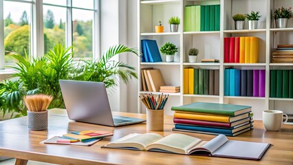 Fototapeta premium A tidy workspace with colorful design books, a laptop, and a notebook outlines the structured steps for a successful interior design process.