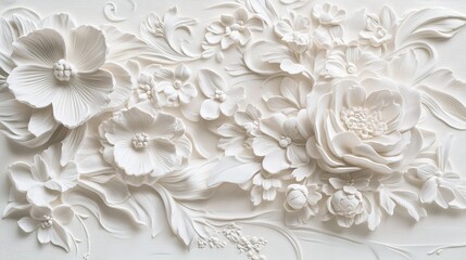 Elegant white floral relief sculpture with intricate details in a soft textured background