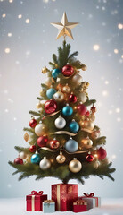 whimsical colorful intricately illustrated christmas tree adorned ornaments garlands stars set soft snowy white background subtle texture