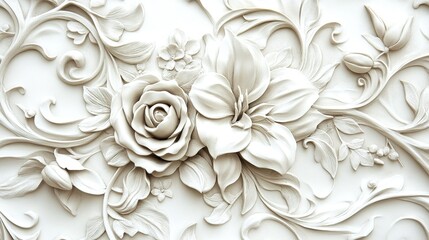 Elegant floral relief sculpture featuring roses and lilies with intricate detailing on a textured background