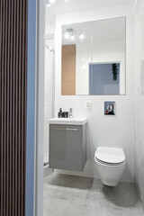 Interior of bathroom with white tile, toilet, ceramic sink with faucet on cabinet and square mirror. Indoor architecture. Vertical.