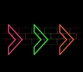 Neon arrow icon. Glowing neon swipe up sign, outline arrow pointer silhouette in vivid colors. Arrowhead and cursor navigation, movement direction, motion way. Vector icon set, sign, symbol for UI