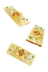 Spicy ground pork stuffed omelette, kai yat sat, on a white isolated background