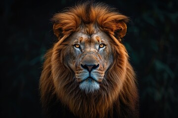 Obraz premium Close-up portrait of a majestic lion with a powerful gaze and a lush mane against a dark background.