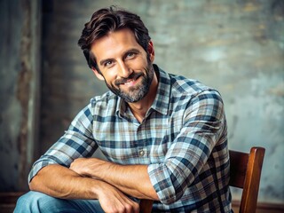 Obraz premium Attractive middle-aged man with dark hair and well-groomed beard, wearing a casual buttons-up shirt, sitting on a wooden chair, with a warm and inviting smile.