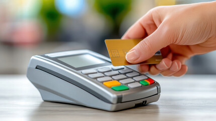 A person holding a credit card in front of the cash register, AI
