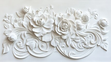 Intricate white plaster relief showcasing elegant roses and floral motifs designed for interior decoration