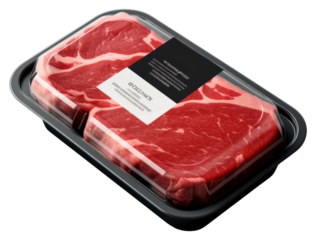 PNG Sealable black plastic tray and cover with raw meat schnitzels and blank label mockup packaging steak beef food.