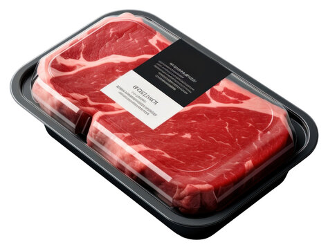 PNG Sealable black plastic tray and cover with raw meat schnitzels and blank label mockup packaging steak beef food.