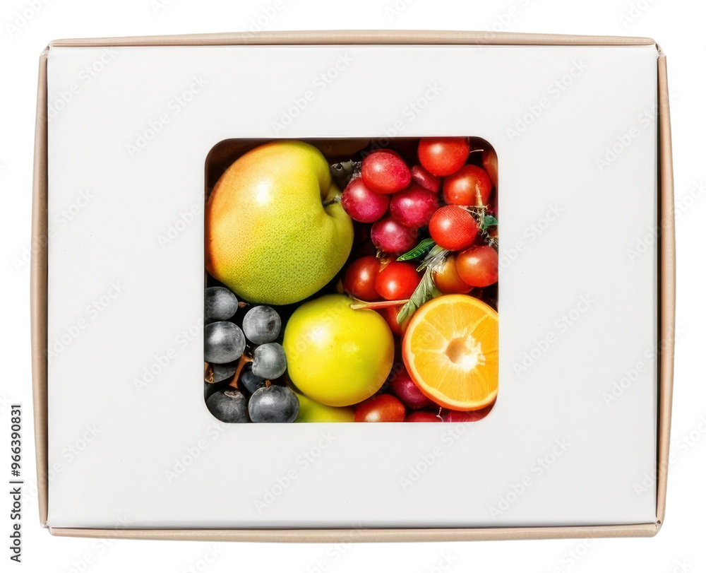 Canvas Prints PNG Takeaway food container box mockup with fruits and blank label mockup packaging apple plant gray background.