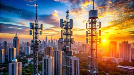 Stunning View of 5G Towers Against a Vibrant Urban Sunset Sky for Technology and Connectivity Concepts