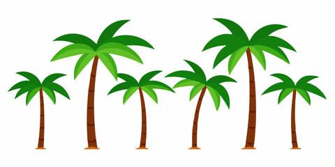 Fototapeta premium A set of six cartoon palm trees, perfect for adding a tropical touch to your designs. These fun and colorful trees are ideal for creating summery backgrounds, beach scenes.
