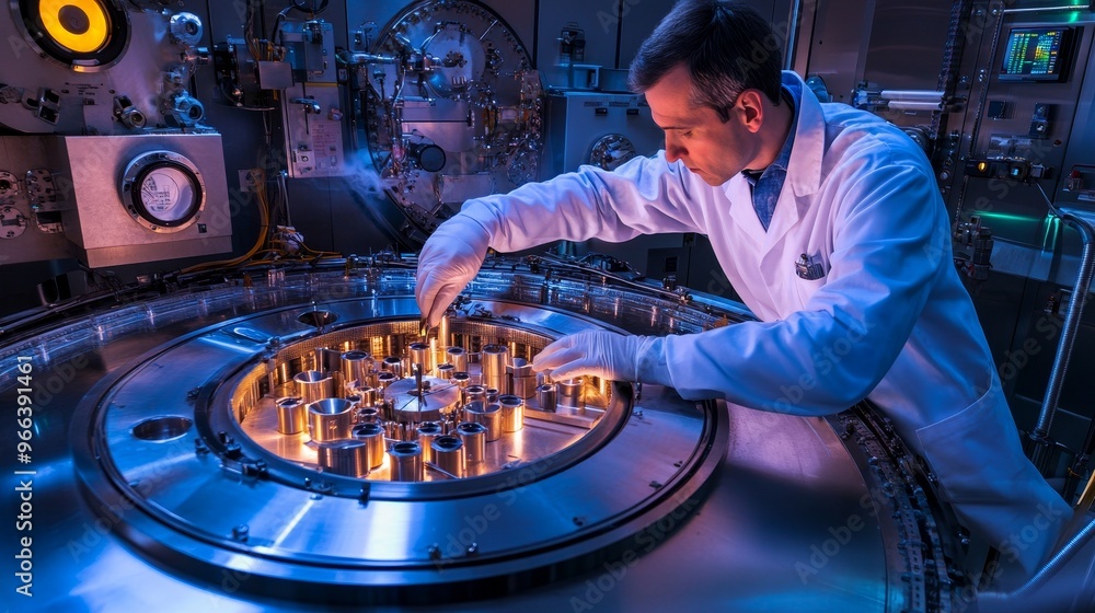 Poster a scientist in a lab coat examines equipment in a high-tech laboratory, focusing on precision and re