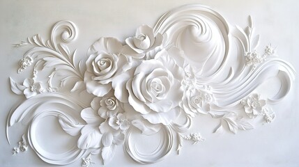 Intricate white plaster floral wall relief featuring roses and delicate swirling patterns in a modern interior setting