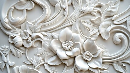 Intricate white floral relief design featuring delicate blossoms and swirling motifs on a textured surface