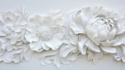 Intricate white floral relief sculpture featuring peonies and blossoms on a textured background in a tranquil setting