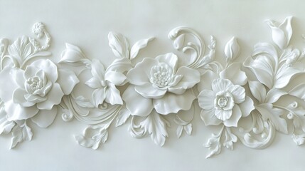 Intricate white floral relief sculpture showcasing detailed craftsmanship and design on a smooth surface