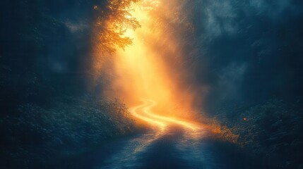 Fototapeta premium ethereal forest crossroads bathed in misty sunlight each path leading to different magical realms symbolizing lifes pivotal choices