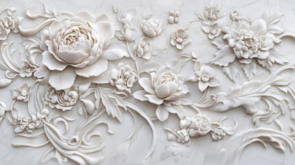 Intricate white floral relief sculpture showcasing detailed peonies and blossoms against a textured background