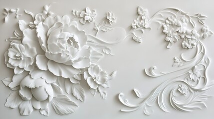 Delicate white plaster floral relief featuring peonies and blossoms against a textured background
