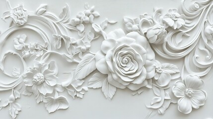 Elegant white plaster floral relief with intricate rose and leaf designs on a smooth background