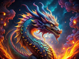 A vibrant, intricately detailed illustration of a mythical dragon, adorned with scales and flames, set against a dark, mystical background with subtle, shimmering effects.