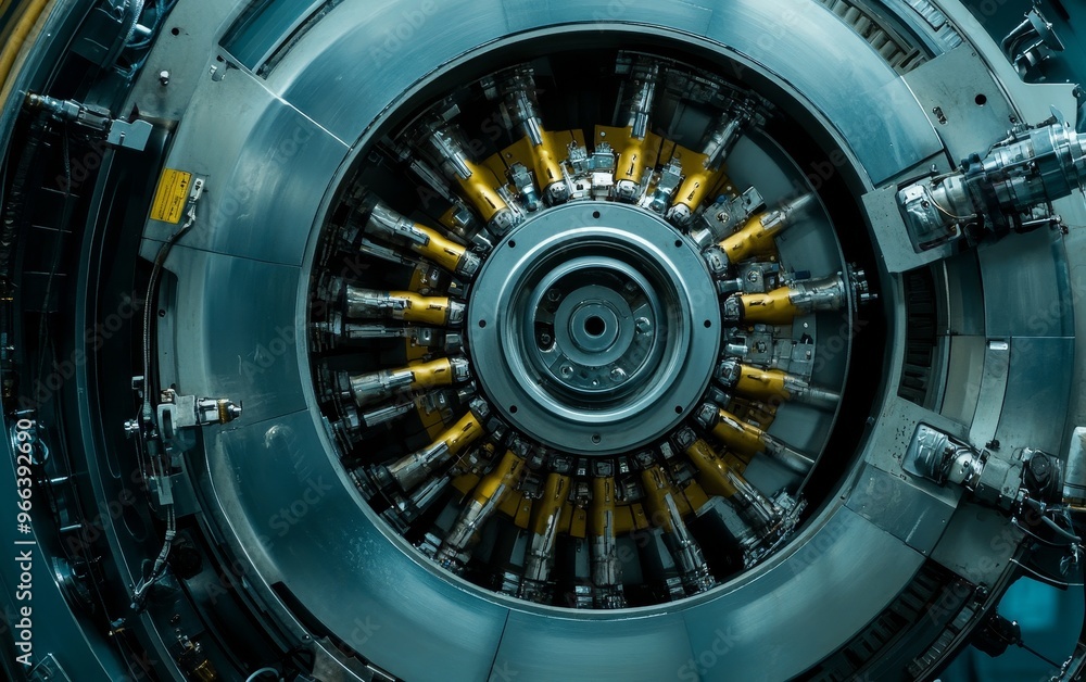 Poster a close-up view of a complex industrial machine component, showcasing its intricate design and engin