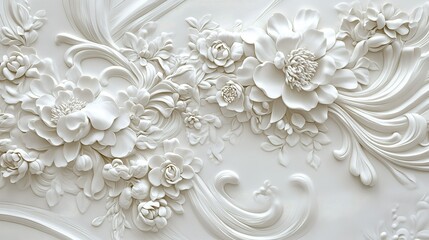 Intricate white floral relief design featuring roses and peonies on a smooth background in a contemporary interior setting