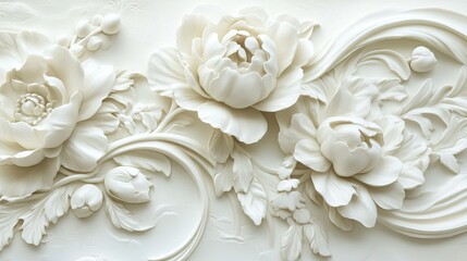 Intricate white floral plaster relief art showcasing detailed peonies and leaves, created with excellent craftsmanship